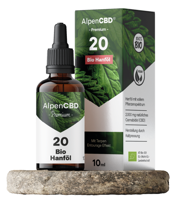 AlpenCBD Bio CBD Öl 20 % 10 ml - 2000 mg Cannabidiol - Vollspektrum Hanföl mit Verpackung