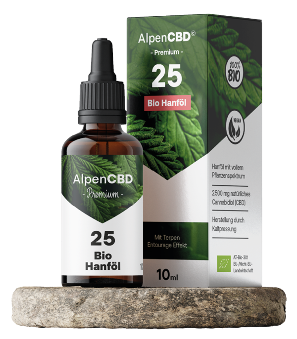 AlpenCBD Bio CBD Öl 25 % 10 ml - 2500 mg Cannabidiol - Vollspektrum Hanföl mit Verpackung