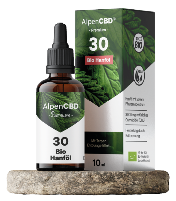 AlpenCBD Bio CBD Öl 30 % 10 ml - 3000 mg Cannabidiol - Vollspektrum Hanföl mit Verpackung