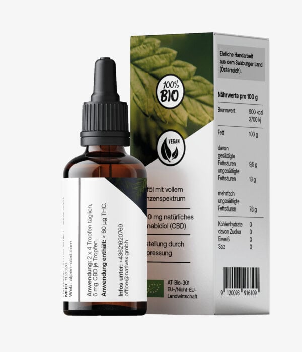 AlpenCBD Ursprung Bio CBD Öl 15 % 10 ml - Rückseite mit Inhaltsstoffen und Produktinformationen
