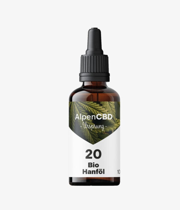 AlpenCBD Ursprung Bio CBD Öl 20 % 10 ml - 2000 mg Cannabidiol - Freigestellte Flasche auf weißem Hintergrund