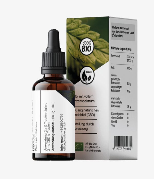 AlpenCBD Ursprung Bio CBD Öl 5 % 10 ml - Rückseite mit Anwendung, Inhaltsstoffen und Herstellerangaben
